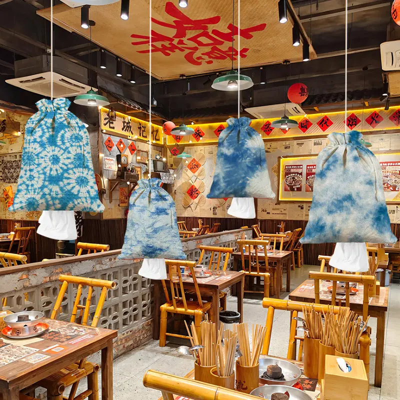 Chinese Tie Dye Drawstring Hanging Tissue Bag Ethnic Style Restaurant Wall Mount Napkin Holder for Izakaya Shop Decoration