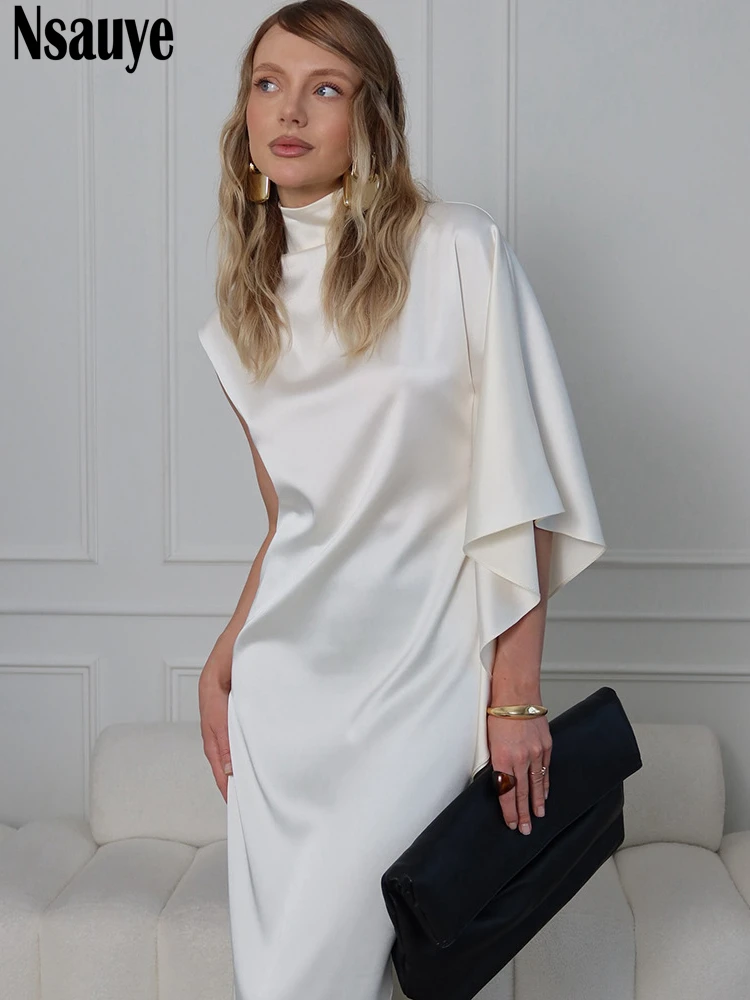 Nsauye セクシーなイブニングパーティー女性ナイトクラブサテンエレガントなドレスロングプルオーバー夏ハイスプリット 2025 マキシホリデーファッションドレス