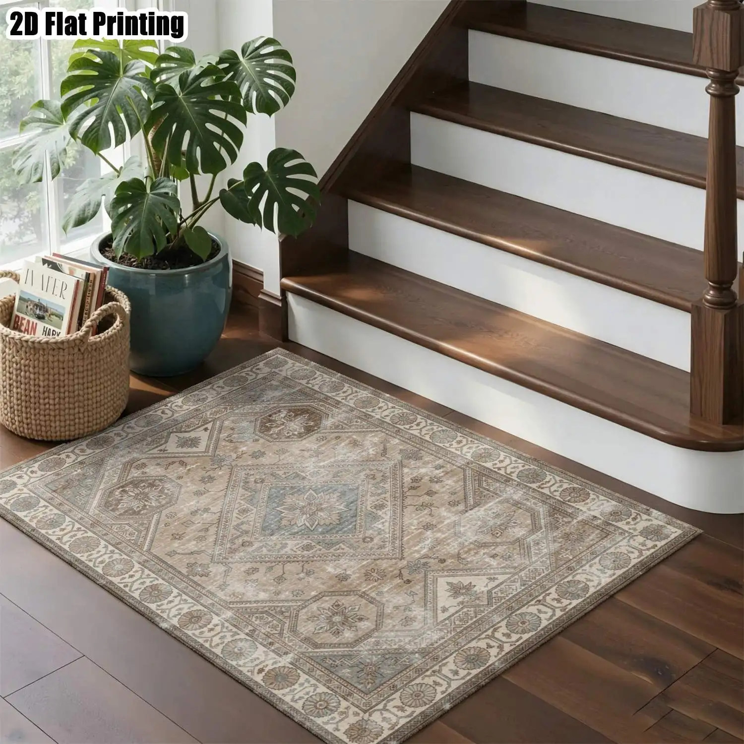1Pc 2D Printed Carpet: Light Brown & Blue-Gray Retro Persian Pattern, European Vintage Style, Multi-Size Machine Washable, for Home Decor, Entrance/Dining/Bedroom/Study/Living Room