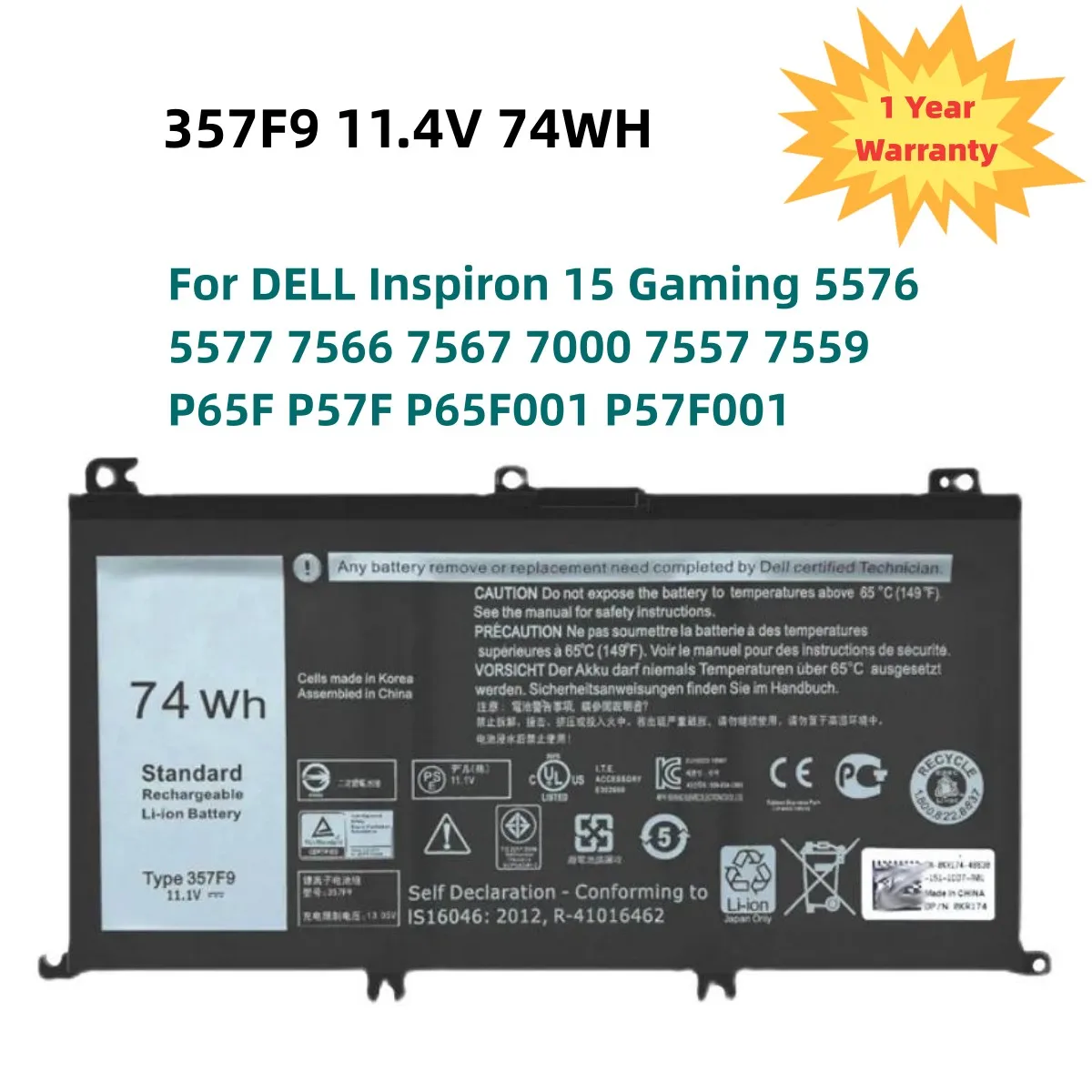 

NEW 11.4V 74Wh 357F9 Battery For DELL Inspiron 15 Gaming 5576 5577 7566 7567 7000 7557 7559 P65F P57F P65F001 P57F001 Laptop