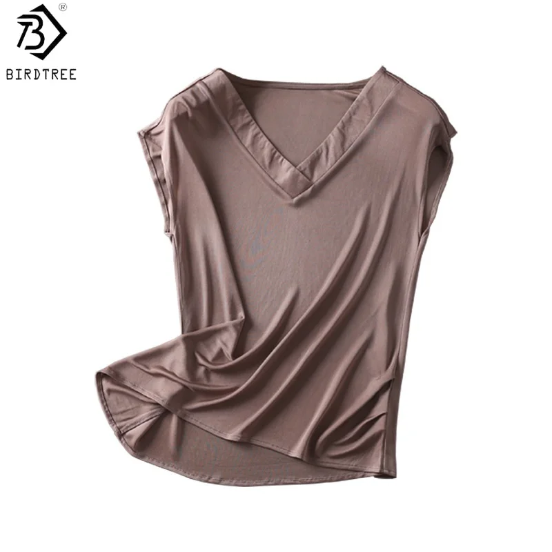 Birdtree, 23% Real Silk 77% Viscose Tank Top, Woman's Basics Casual T shirt, Elegant V-neck Vest, 2026 Spring Summer T61028JF