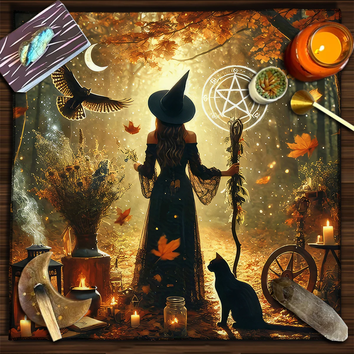 Witch Autumn Altar Cloth Tarot Tablecloth Witch Black Cat Pentagram Divination Cloth Tarot Mat Halloween & Celebrations Decor