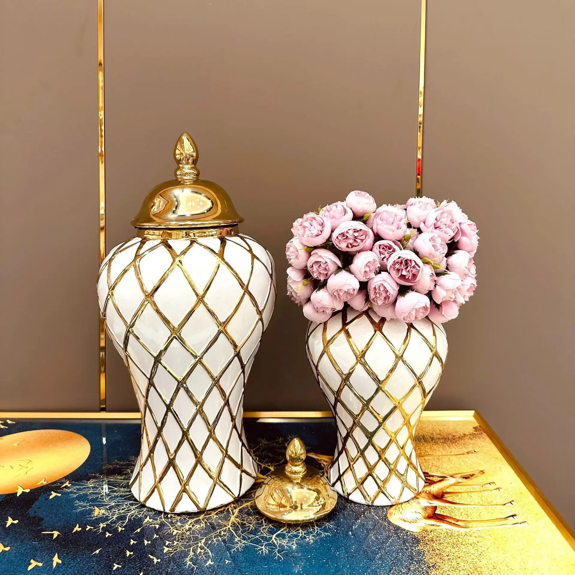 Geometry Gold Diamond Check General Can Ceramic Ginger Jar Flower Vase Porcelain Craftwork Sealed Storage Tank Home Decoration