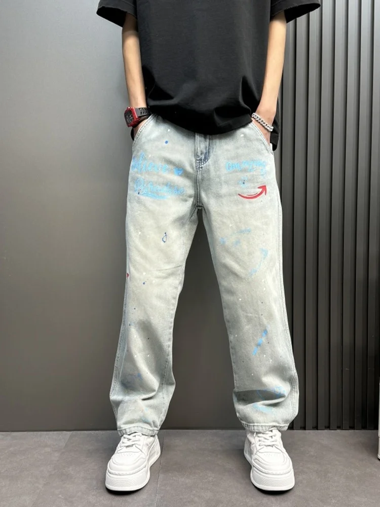 

Men's Loose Straight Leg Jeans Graffiti Print American Retro Spring 2025 New Style Casual Long Trousers Breathable Cotton Denim