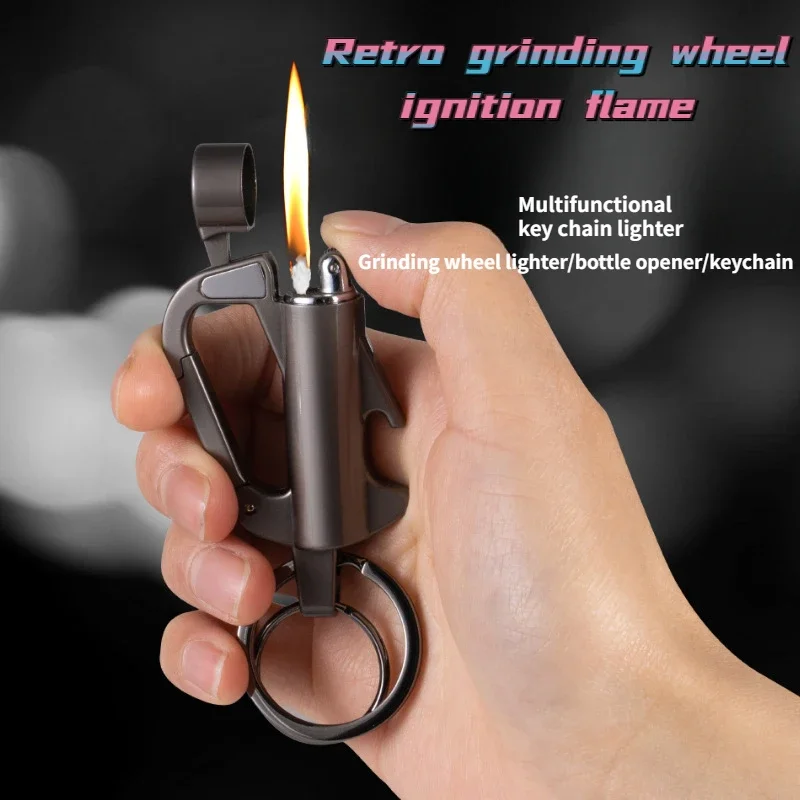 New Multifunctional Grinding Wheel Kerosene Keychain Car Men's High-End Lighter Waist Padlock Key Personalized Pendant Tide Gift