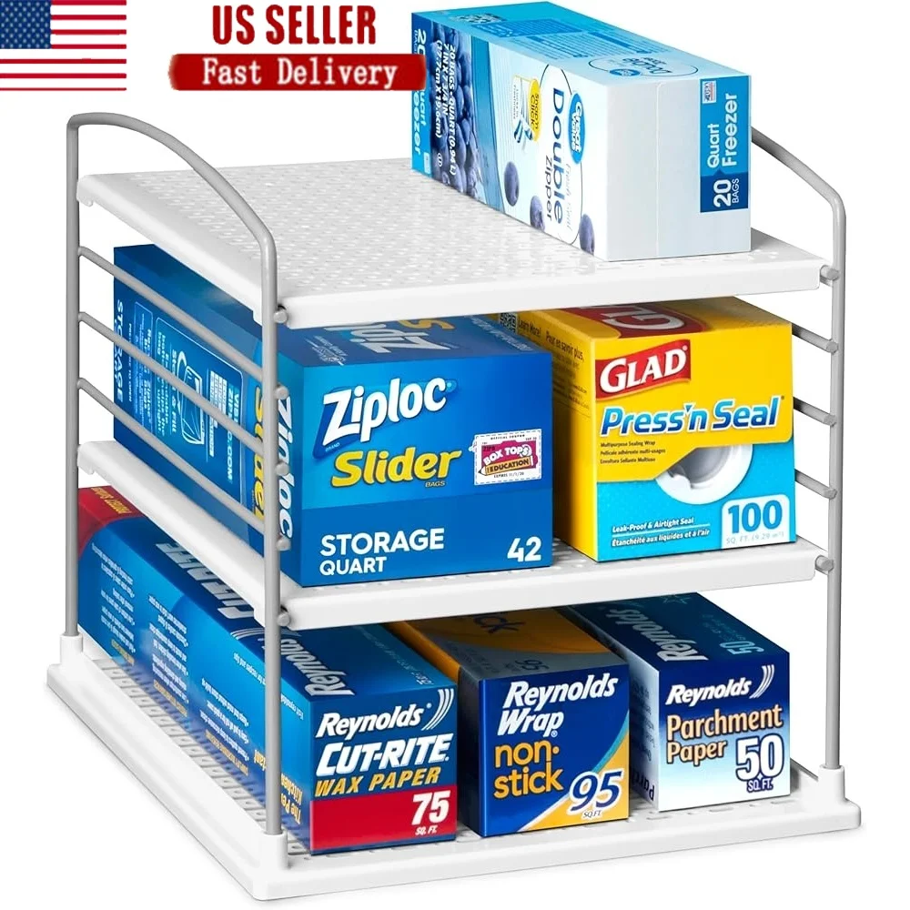 

Adjustable Box Organizer Foil Wrap and Kitchen Cabinet Storage Non-Slip Heavy-Duty Steel Wire Quick Set-Up Tiered Shelf