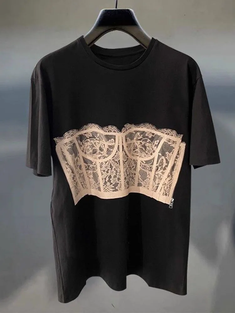 [ZOCI] AW King Short Sleeved T-shirt 2024 Summer New Round Neck 3D Lace Strapless Front Rear Printed Short Sleeved Top