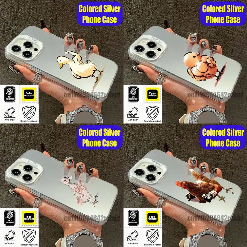 

For Funny Fighting Fitness Duck Chicken Phone Case iPhone 15,17,11,14,13,16,12,E,Max,Plus,Air,Pro,Mini Colored Silver Cover