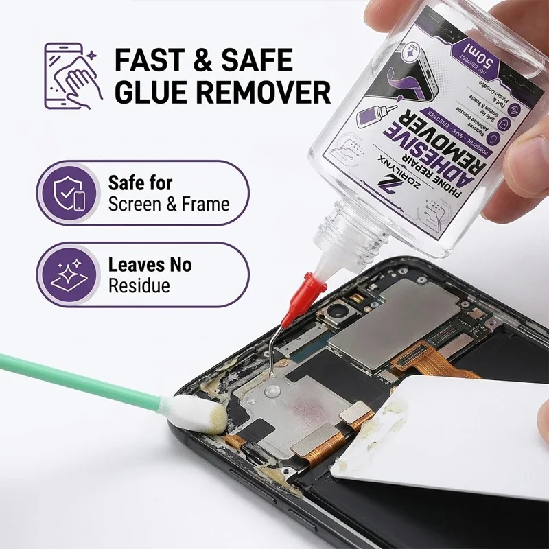 Professional Phone Repair Tool Kit Trace Free Adhesive 25ml with Glue Remover 50ml Scraper Swabs for Screen Frame Fix - ZORILYNX