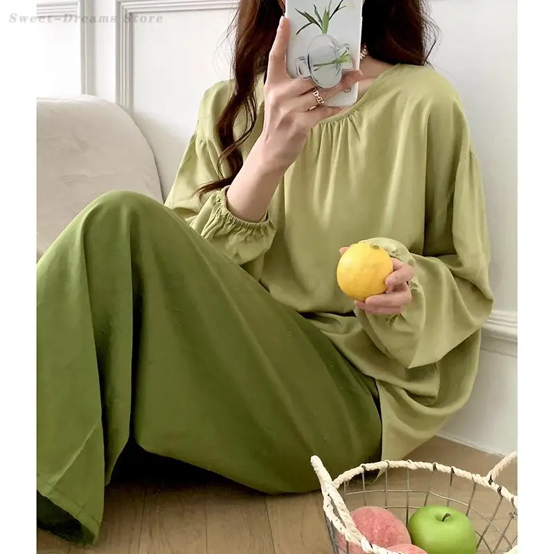 Women's Pajamas Set Loose Long Sleeved Home Clothes Sleepwear Fashion Contrasting Lounge Wear Casual Top&Trouser Pijamas Suit