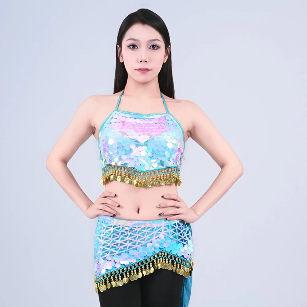 Stage Set! Belly Dance Costume with Waist Chain, Waist Accessories, Sequins Tassel Hip Scarf and Triangle Scarf Waist Scarf