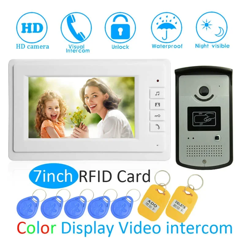 7 inch lcd door bell for house vistor video door phone intercom system RFID unlock waterproof night vision camera doorbell