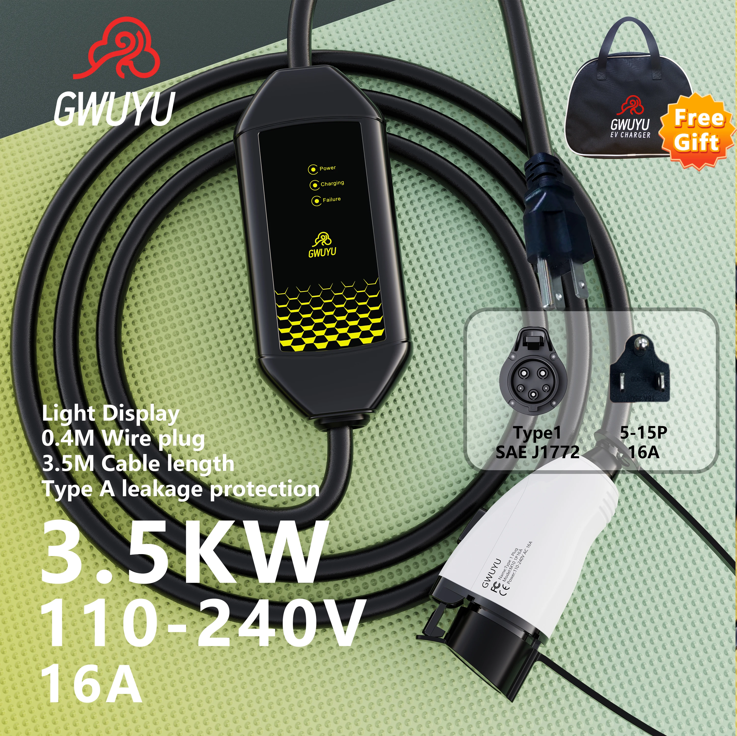 

Портативное зарядное устройство для электромобилей Plug and Play GWUYU M62-1 Type 1 J1772 3,5 кВт 16 А 7,6 кВт 32 А индикаторная станция для зарядки электромобилей