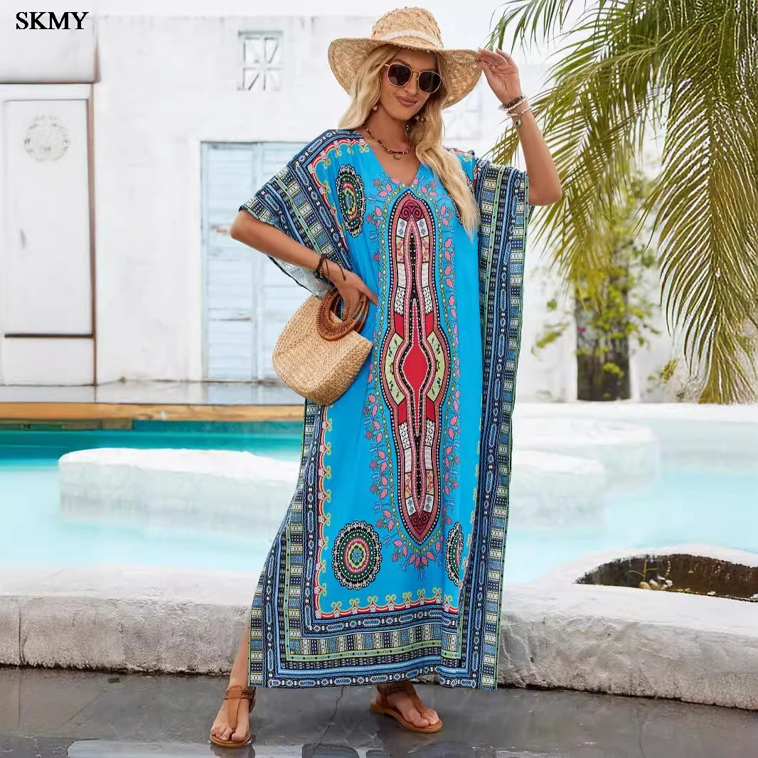 SKMY Color Dress Women's 2024 Middle Eastern Robe Beach Vacation Style Dress Loose Bikini Sunscreen Cover Shirt