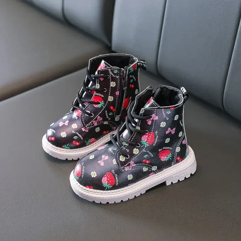 Baby Girls Winter Waterproof Cotton Warm British Style Leather Boots 2023 Autumn Kids Cute Strawberry Booties Children\'s Shoes