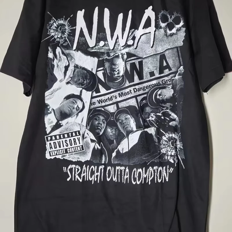 Camiseta Masculina 2026 Nova com Estampa Retrô, Algodão Preto, Caimento Ajustado. Banda de Hip-Hop e Rap Eazy-E Dr. Dre & MC Ren. Estilo dos Anos 90