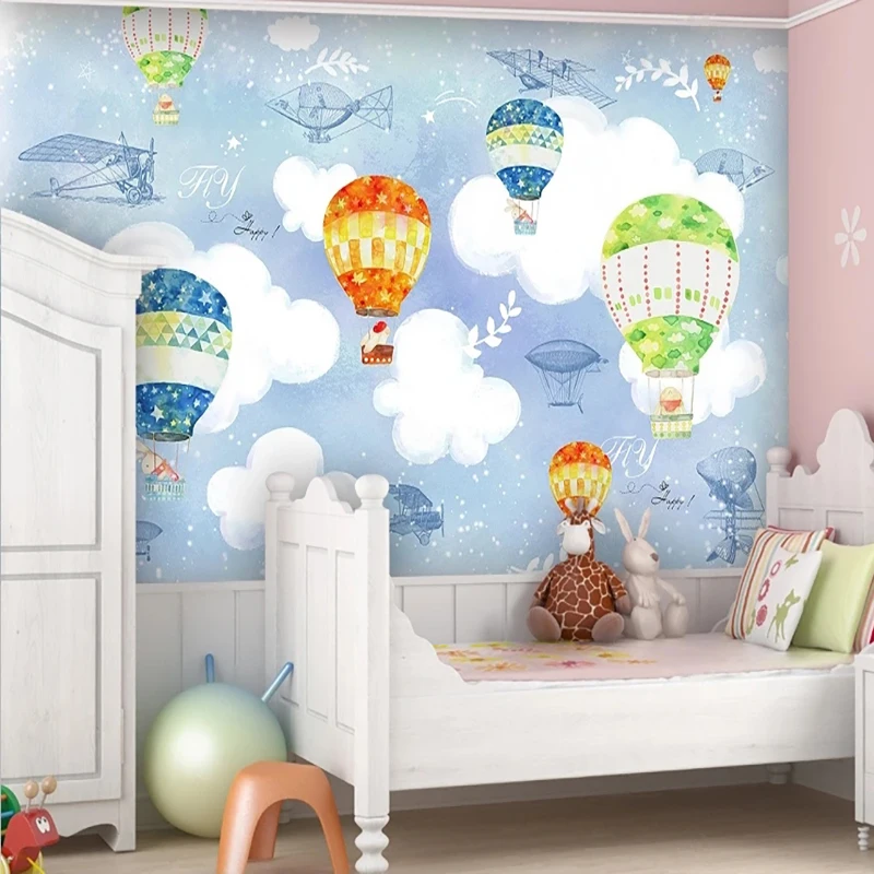 Murales de pared 3D personalizados, papel tapiz de dibujos animados de avión, globo de aire caliente, papel tapiz de fondo para habitación de niños y paredes de dormitorio