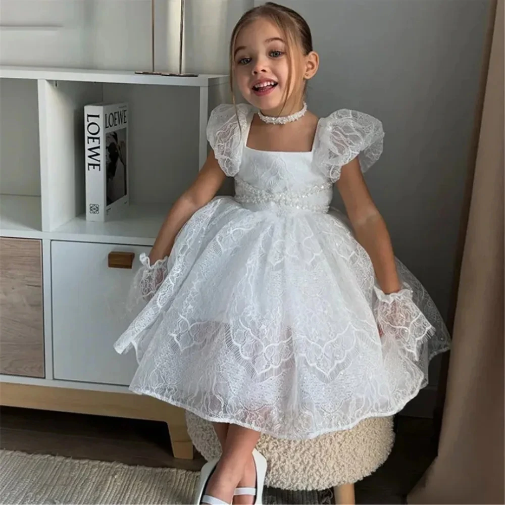 Customized White Flower Girl Dress For Wedding Lace Short Sleeve Knee Length Elegant Kids Birthday Party First Communion Gown
