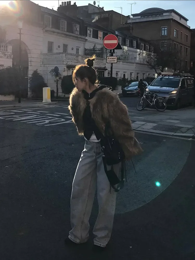 Sólido casaco de pele do falso recortado feminino elegante em torno do pescoço manga cheia fofo solto jaqueta 2025 novo inverno senhora do escritório commute casacos