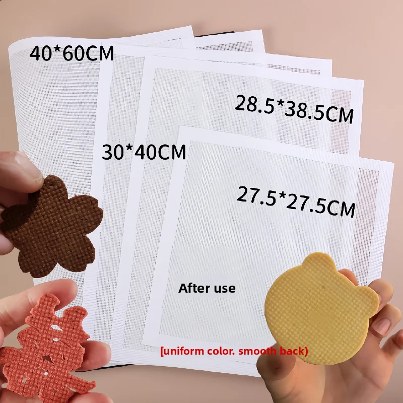 White breathable mesh silicone oven mat, handmade cookie baking mat, heats evenly without scorching, easy to clean kitchen tool