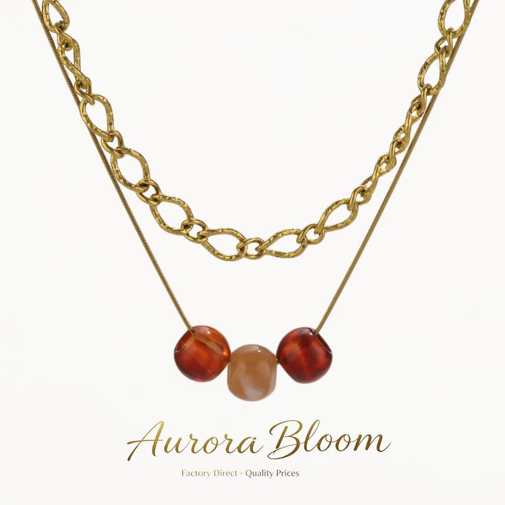Chunky Bead Layered Necklace for Women Gold Amber Agate Brown Vintage Statement Textured Stainless Steel Waterproof Jewelry Gift
