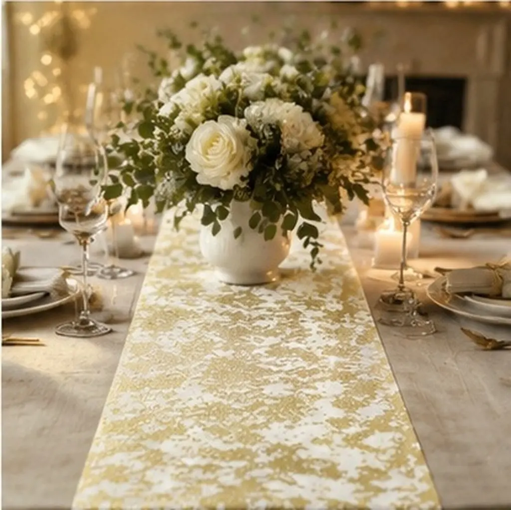 Bronzing Table Runner Polyester Wedding Dining Table Decor Floral Wrapping Mesh Luxury Shimmer Birthday Party Centerpiece