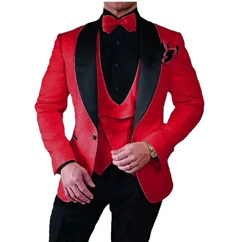 Fashion Jacquard Men Suits Shawl Lapel Business Wedding Tuxedos Slim Fit Blazer Vest Pants for Prom Party 3 Pieces Costume Homme