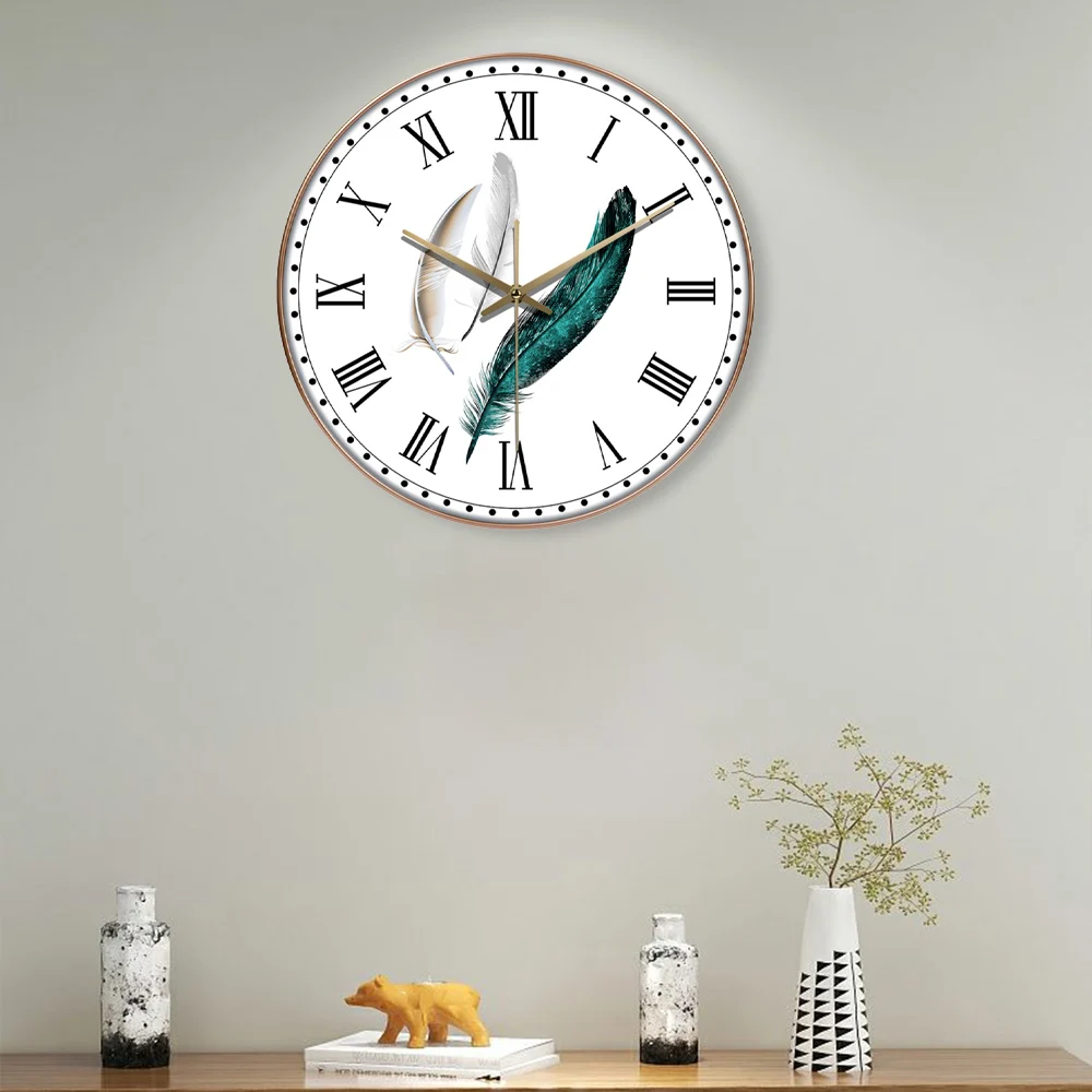 

Minimalist Quartz Wall Clock Roman Numerals Feather Decoration Dining Room Living Room Office Silent Clock Interior Decoration