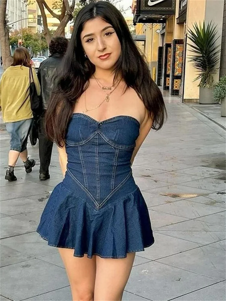 kliou Fake Denim Women Mini Dresses Summer Classic Fashion Strapless Cleavage Draped A-line Bodycon Female Party Y2K Clubwear