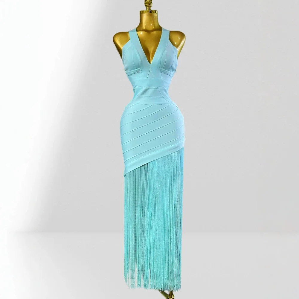 

Sexy Low Cut Sleeveless Fringed Blue Dress Elegant Party Wrap Dress High Waist Bodycon Summer Women's Fashion Dress