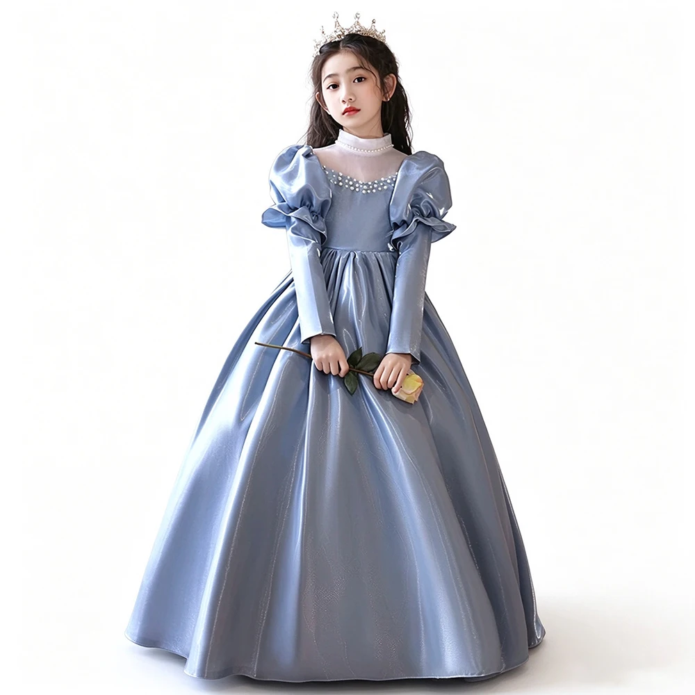 Girls Formal Evening Prom Pageant Dress Satin Puff Long Sleeve Princess Kids Birthday Party Banquet Piano Recital Ball Gown