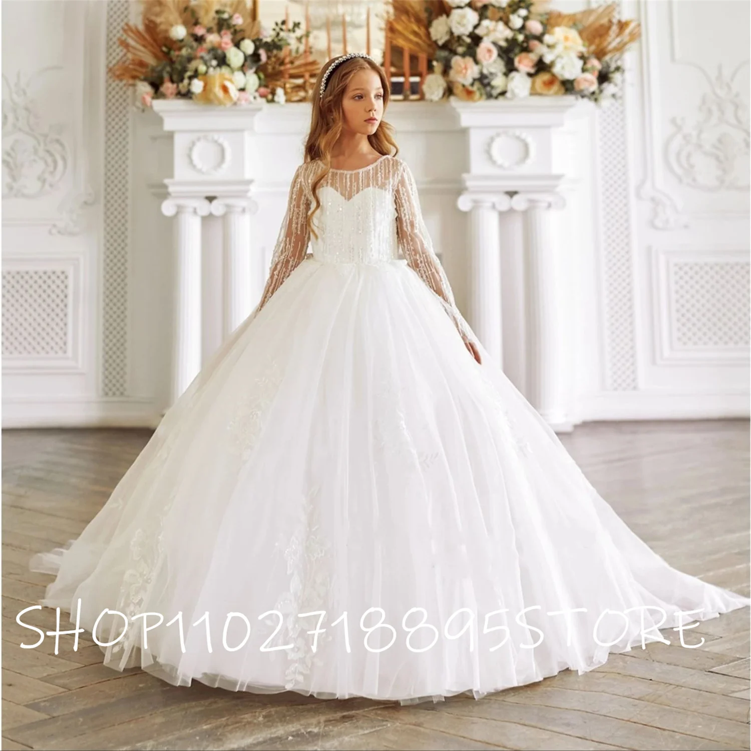 

Arrival Long Flower Girl Dress For Wedding Glitter Lace Tulle Full Sleeves Princess A-Line First Communion Dress