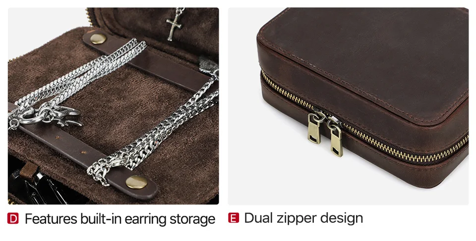 Luxus Doppelschicht Echtleder Schmuck Ohrring Armband Reißverschluss Box Reise Tragbarer Aufbewahrungskoffer mit Spiegel Geschenkverpackung – Detail 10