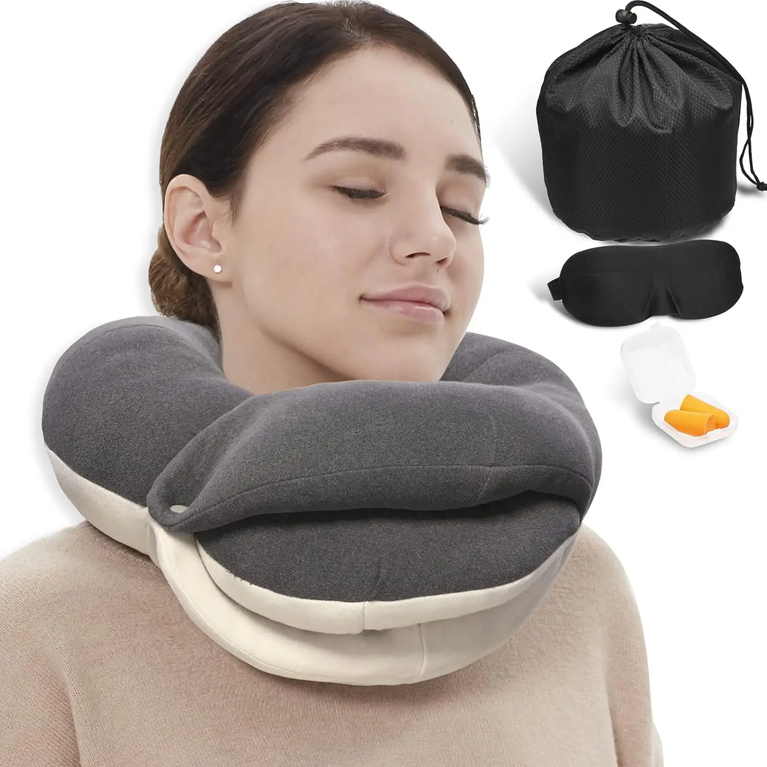 

Travel Neck Pillow with 360° Head Support, Includes Eye Mask & Earplugs for Airplane Sleep, Adult Size Grey