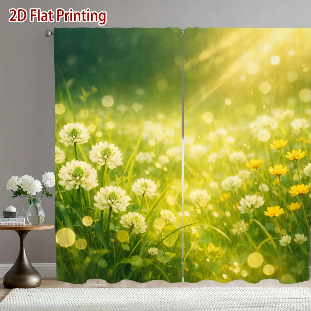 Meadow Floral Rod Pocket Semi Sheer Curtains 2 Panel Light Filtering Botanical Drapes for Living Room Bedroom Decor