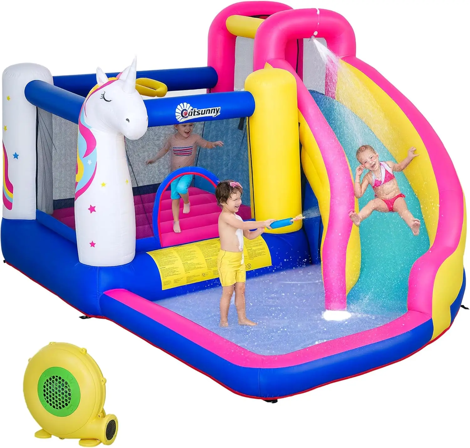 

Unicorn Themed Inflatable Bouncy Castle with Water Slide, Trampoline, Climbing Wall, Water Cannon, Basketball Hoop, and Splash Pool – Includes 450W Blower – for Kids Ages 3-8 Years