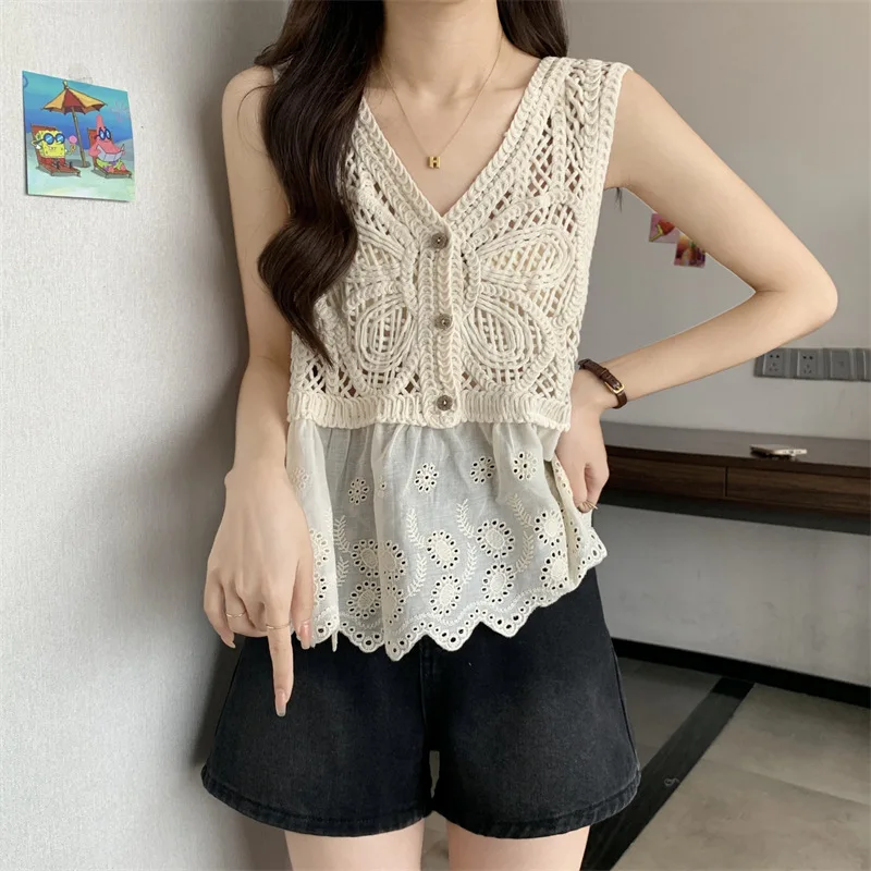 Boring Honey French V-Neck Openwork Loose Sleeveless Top Women's Summer Hook Hua Hudie Single-Breasted Vest Chic Stitching Top