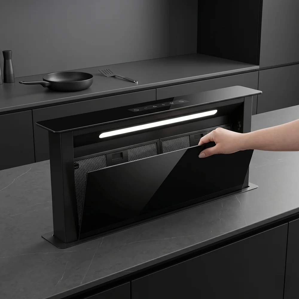 70cm Modern Residential Electric Lift Downdraft Range Hood Baffle Filter Chimney Class Energy Efficiency Remote Hotel