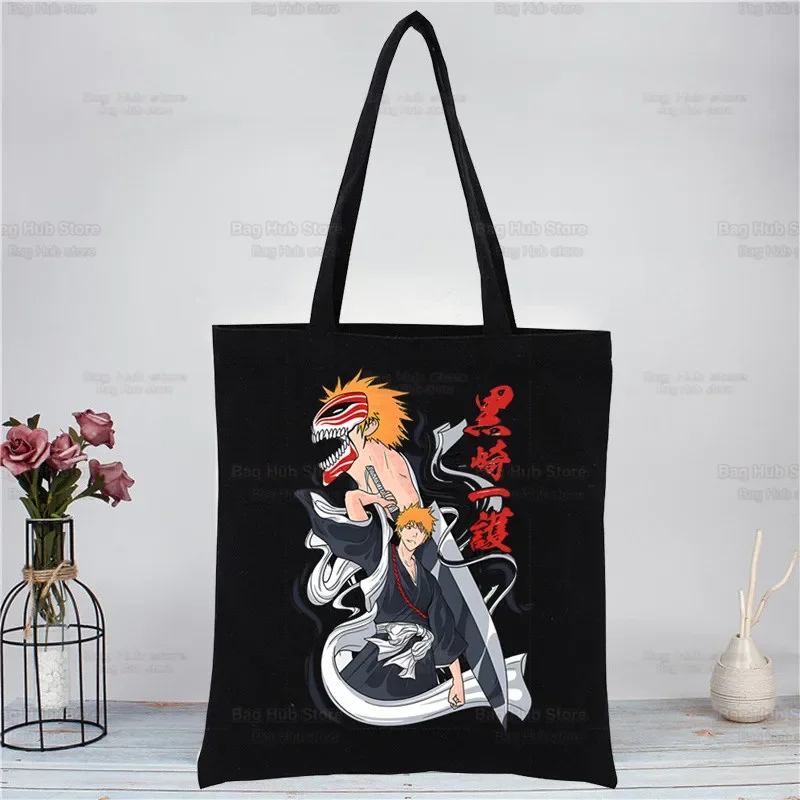 Bleach Kurosaki Ichigo Manga Japanese Anime Custom Tote Bag Shopping Black Unisex Travel Canvas Bags Eco Foldable Shopper Bag