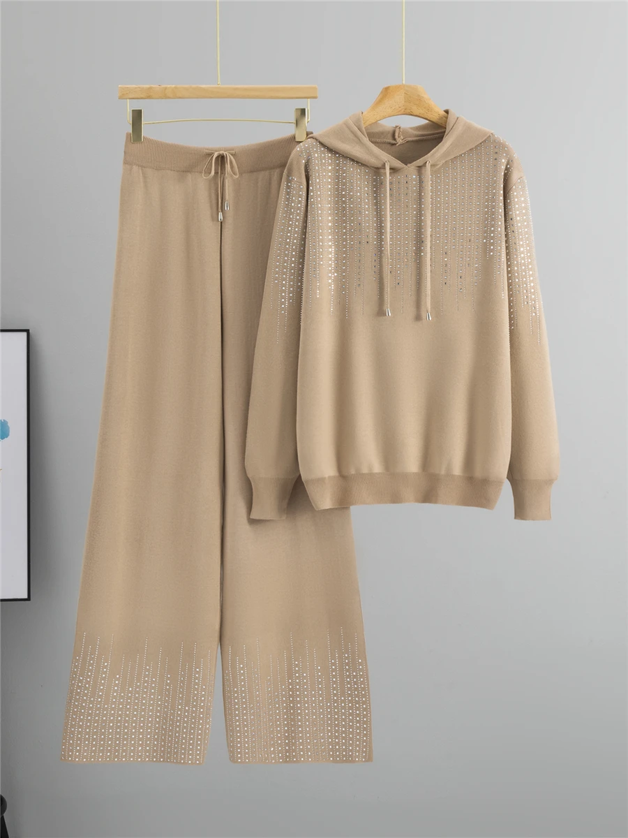 

Fashionable Two-Piece Set Women's Autumn Winter New Drill Slimming Hooded Long Sleeve Sweatshirt High Waist Wide Leg Pants