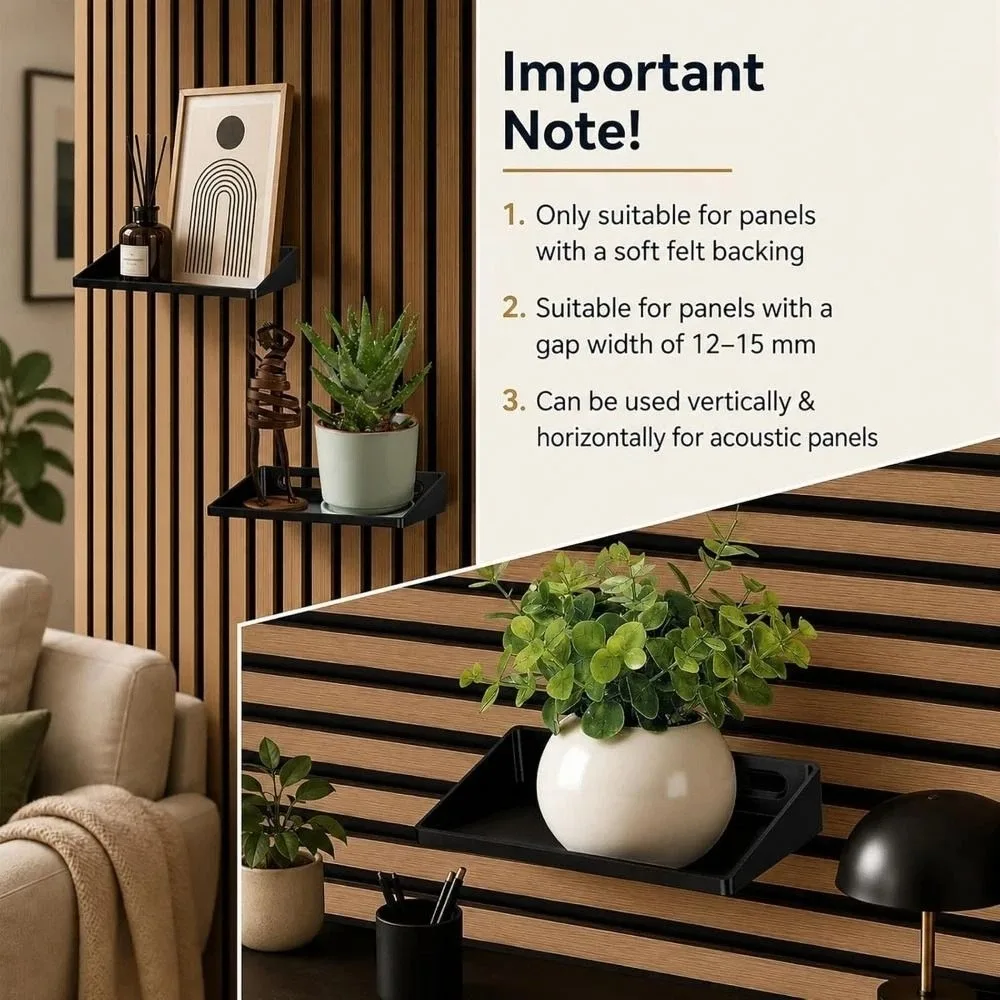No Drill Acoustic Panel Shelf Floating Damage-Free Slat Wall Shelf Raised Lip Repositionable Floating Shelf Living Room