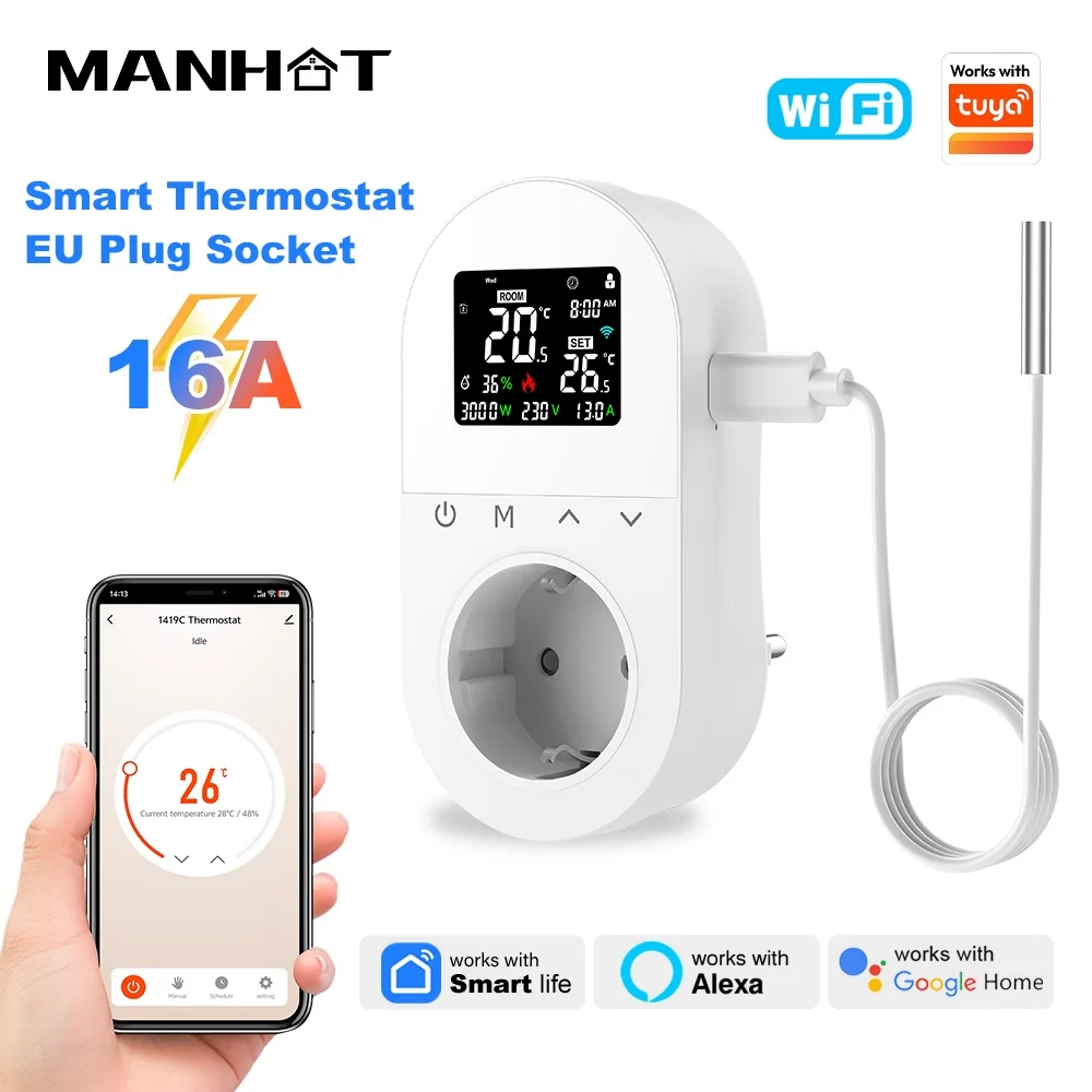 WIFI Smart Plug-In Thermostat Socket 16A Outlet Plug Remote Temperature Controller Switch for Heating Cooling Work Tuya Alexa