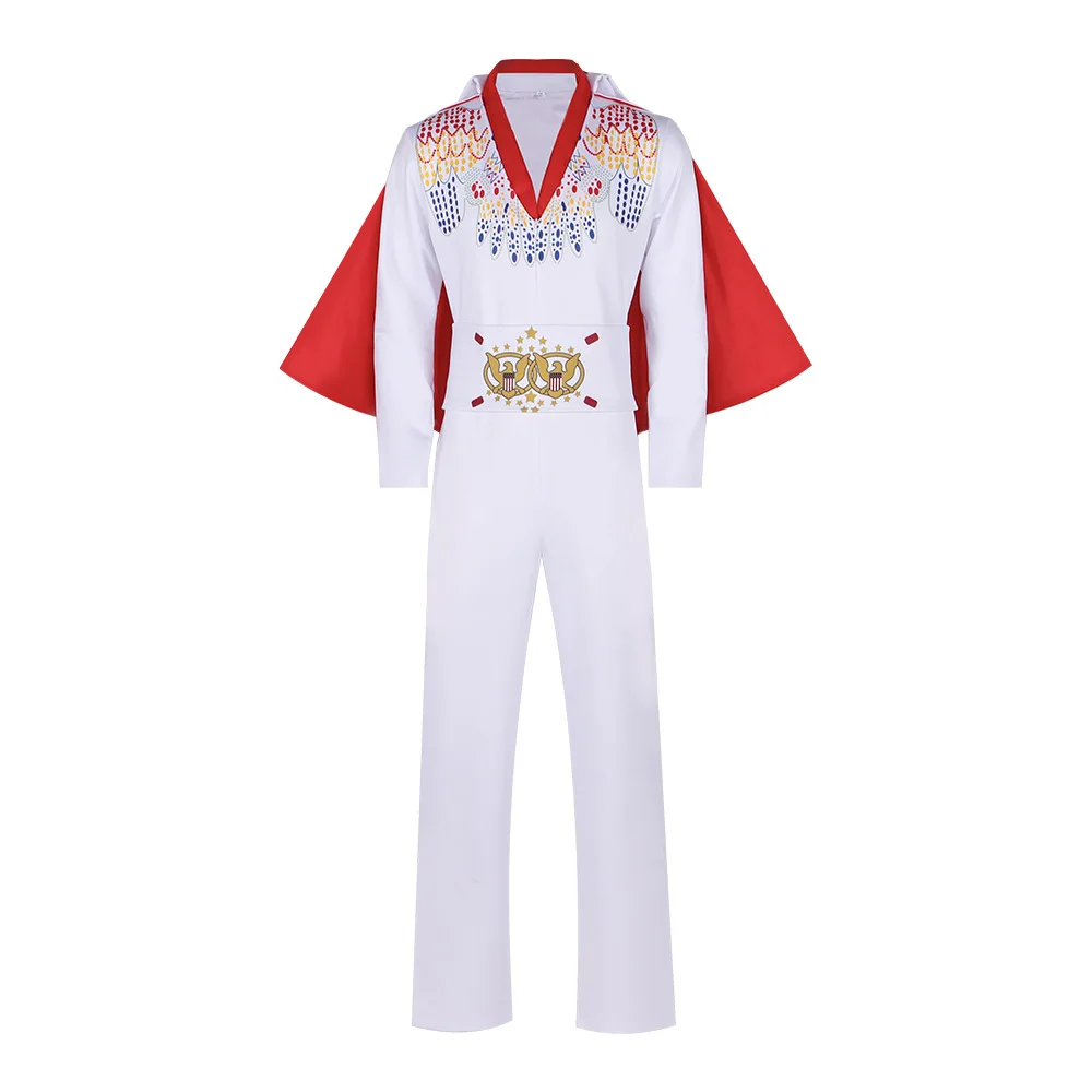 Rock Music Singer King Cosplay Costume White Uniform Stage Performance Outfit Man Halloween Cosplay Bodysuit