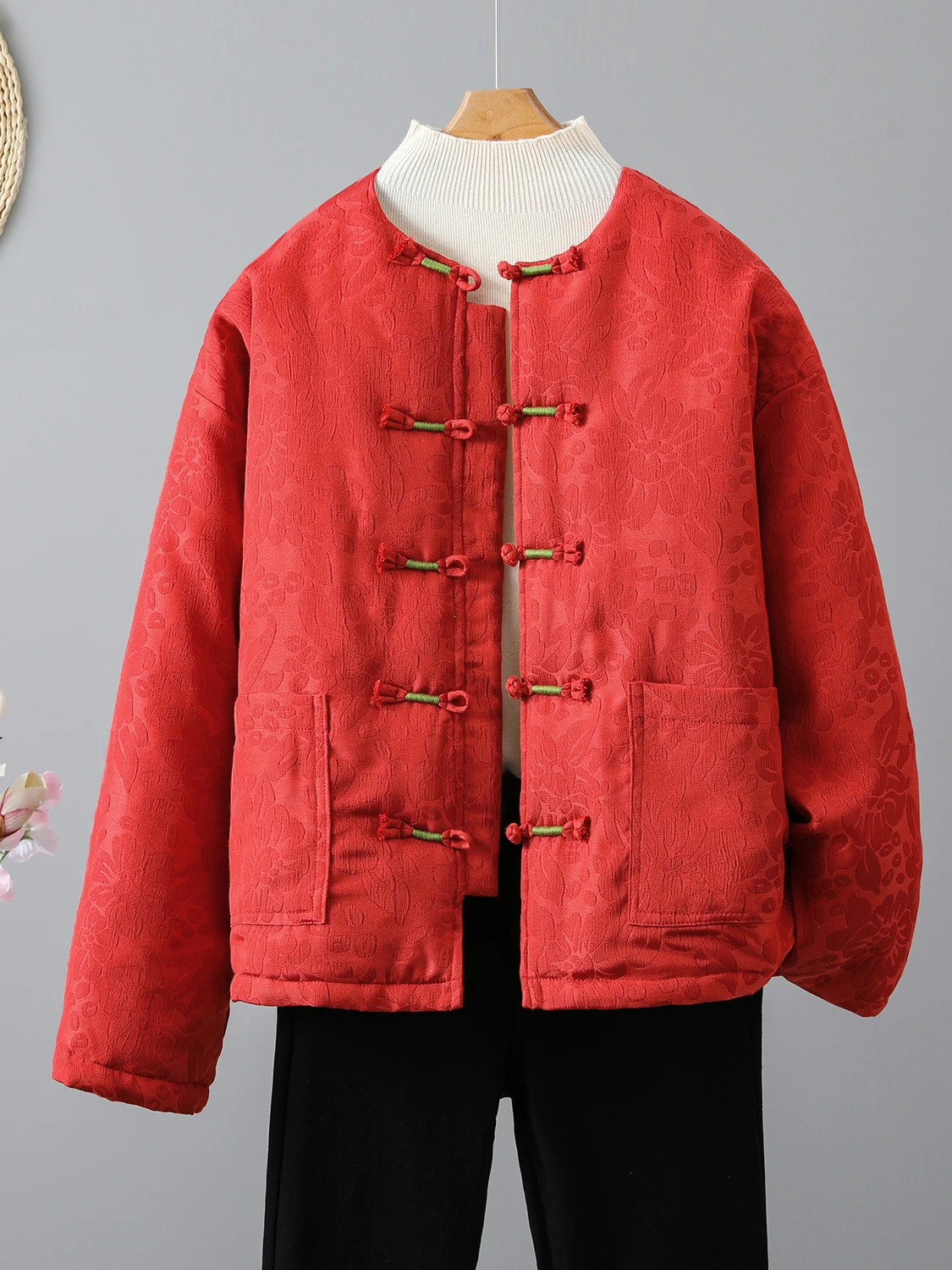 

Loose Casual Cotton Jaet Women's Winter Coat Thiened Festive Celebration Button up Long Sve round Ne Korean Sle