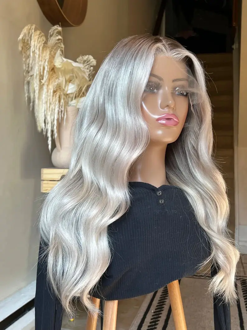Wig Tanpa Lem Ombre Ash Platinum Blonde Highlights Untuk Wanita, Futura Brunette Fibre Deep Wave Bouncy Original Factory Wig Murah