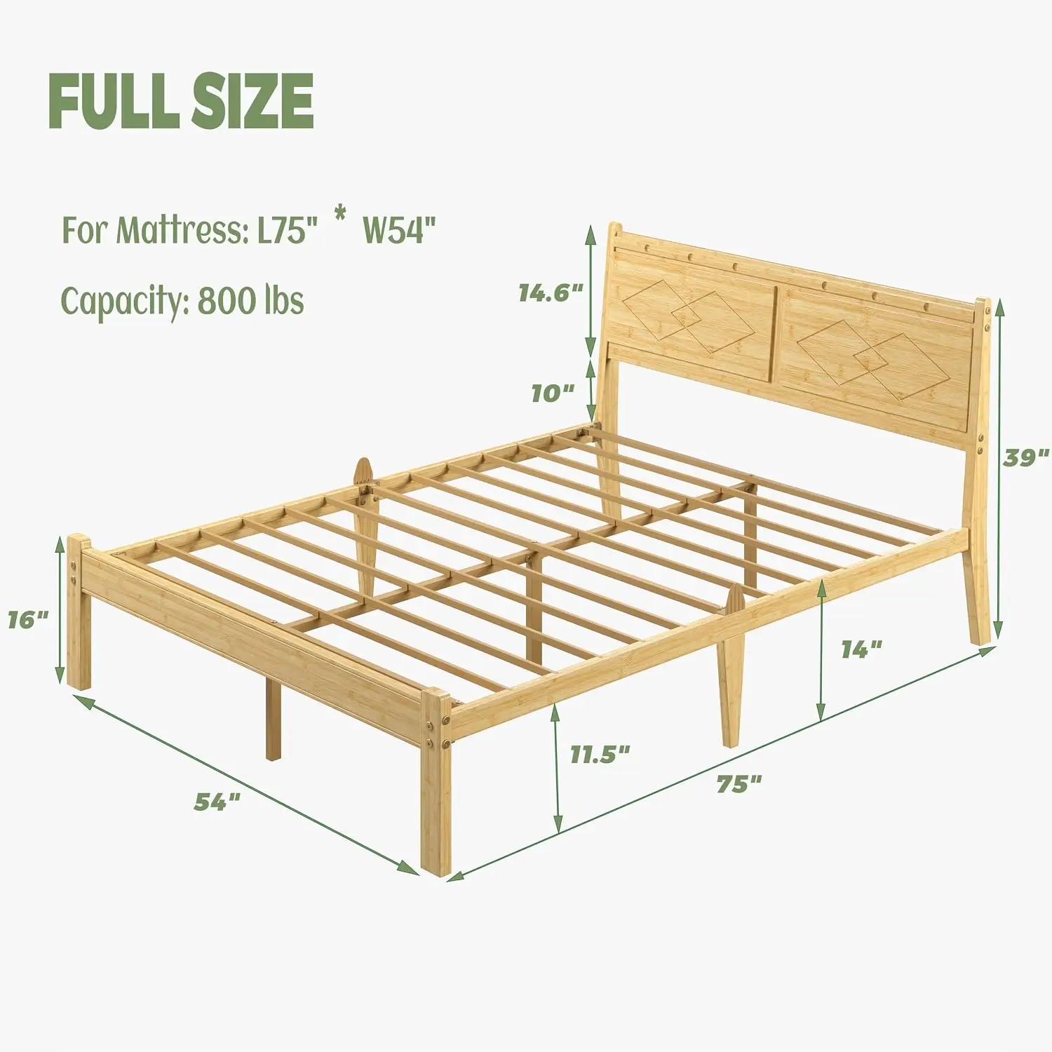 Bamboo Full Platform Bed Frame with Tall Headboard & Metal Slats, No Box Spring, Easy Assembly, 14 Inch, Customized