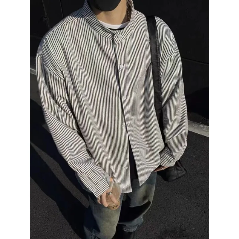 

Американская японская ретро черно-белая полосатая мужская рубашка, усовершенствованная осенняя свободная повседневная куртка с длинными рукавами, кардиган