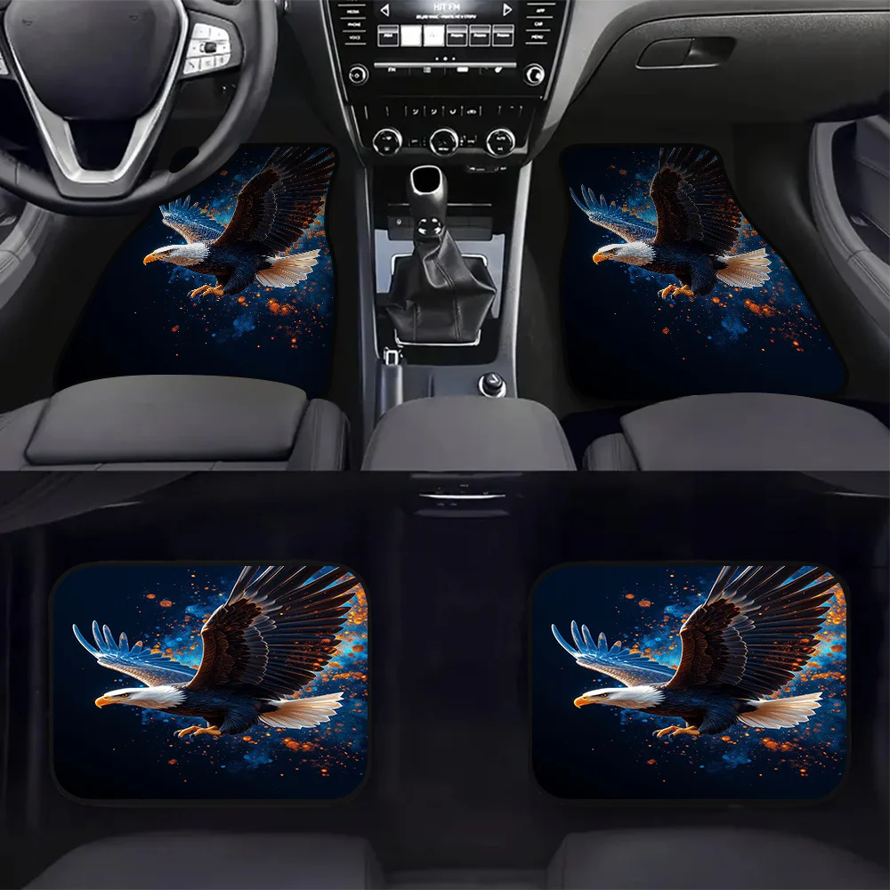 4pcs Car Floor Mats Adorned With Eagle Flying Fiery Burst Motif, Compatible With Sedans Or Minivans, Featuring Cleaning-Friendly