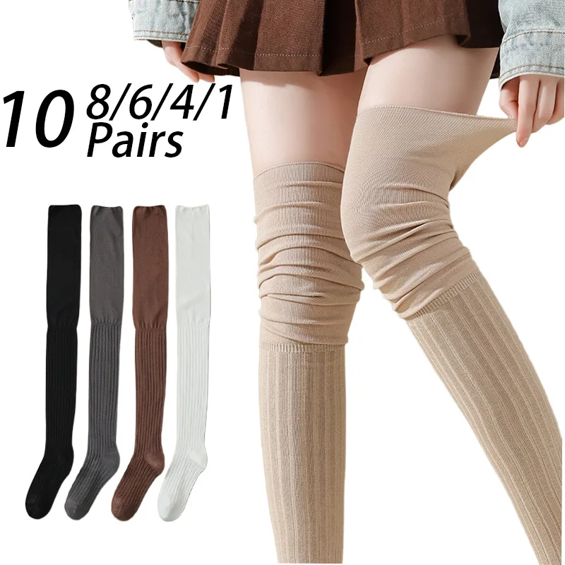 

Women Knee High Socks 1-10Pairs Thin Long Stacked High Elasticity Solid Color Patchwork Stockings for Halloween Christmas