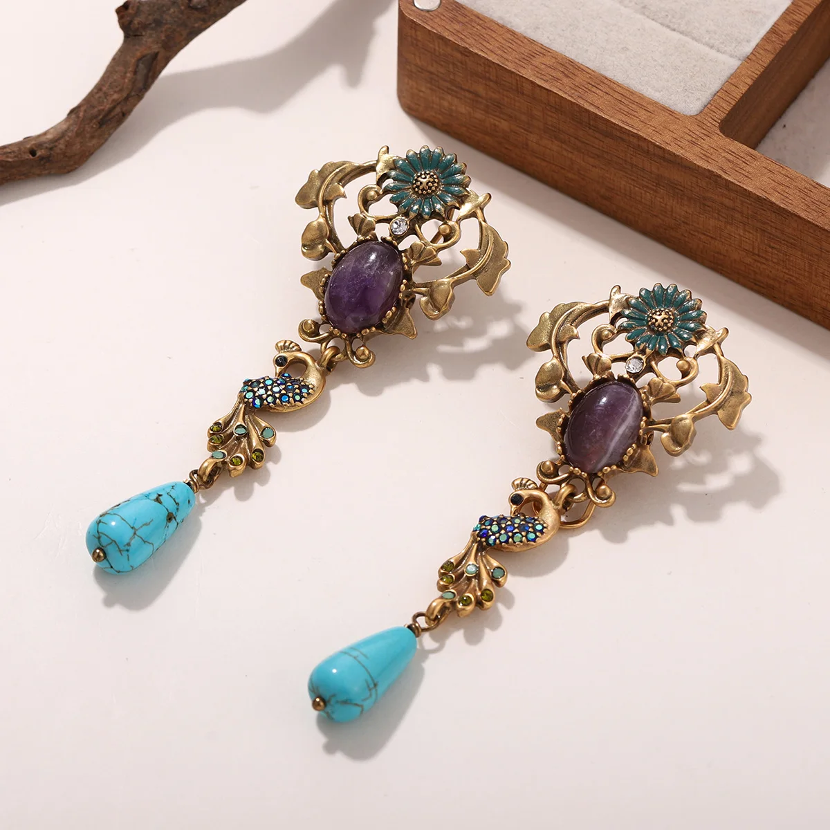 

Vintage Bohemian Peacock Drop Earrings for Women - Turquoise Tiger Eye Pearl Dangle Statement Jewelry Daily Elegent Ear Charm